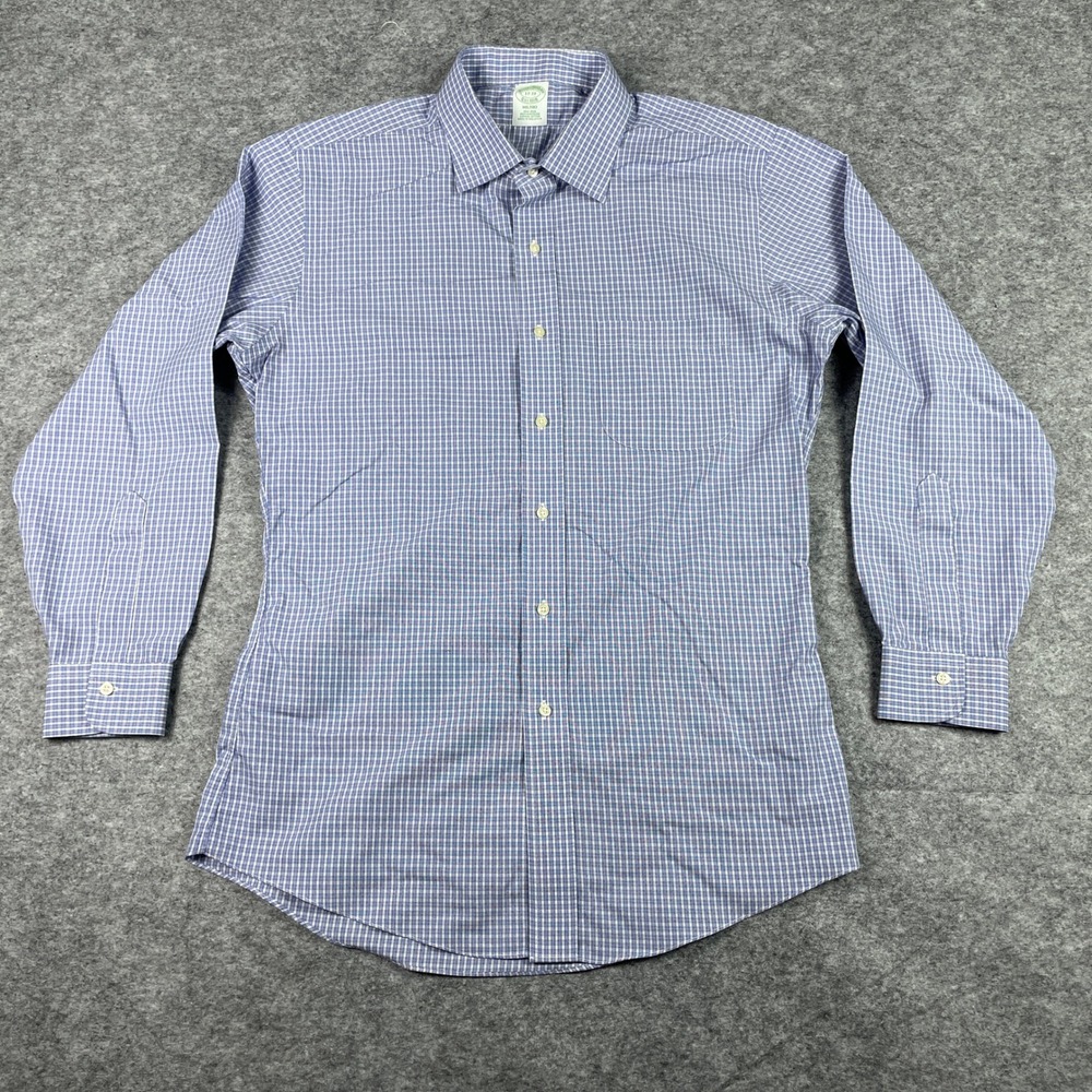 Brooks Brothers Dress Shirt Men 17-33 Blue Milano Slim Fit Non-Iron Check Supima
